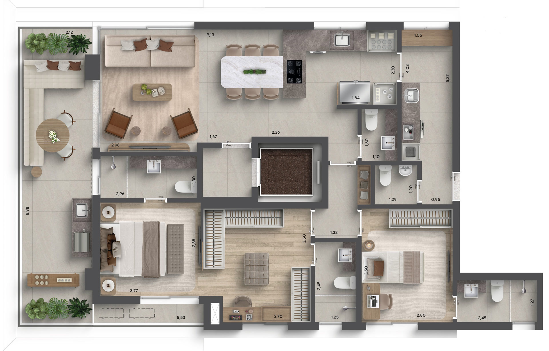 Planta unidade 2 suítes 126 m²