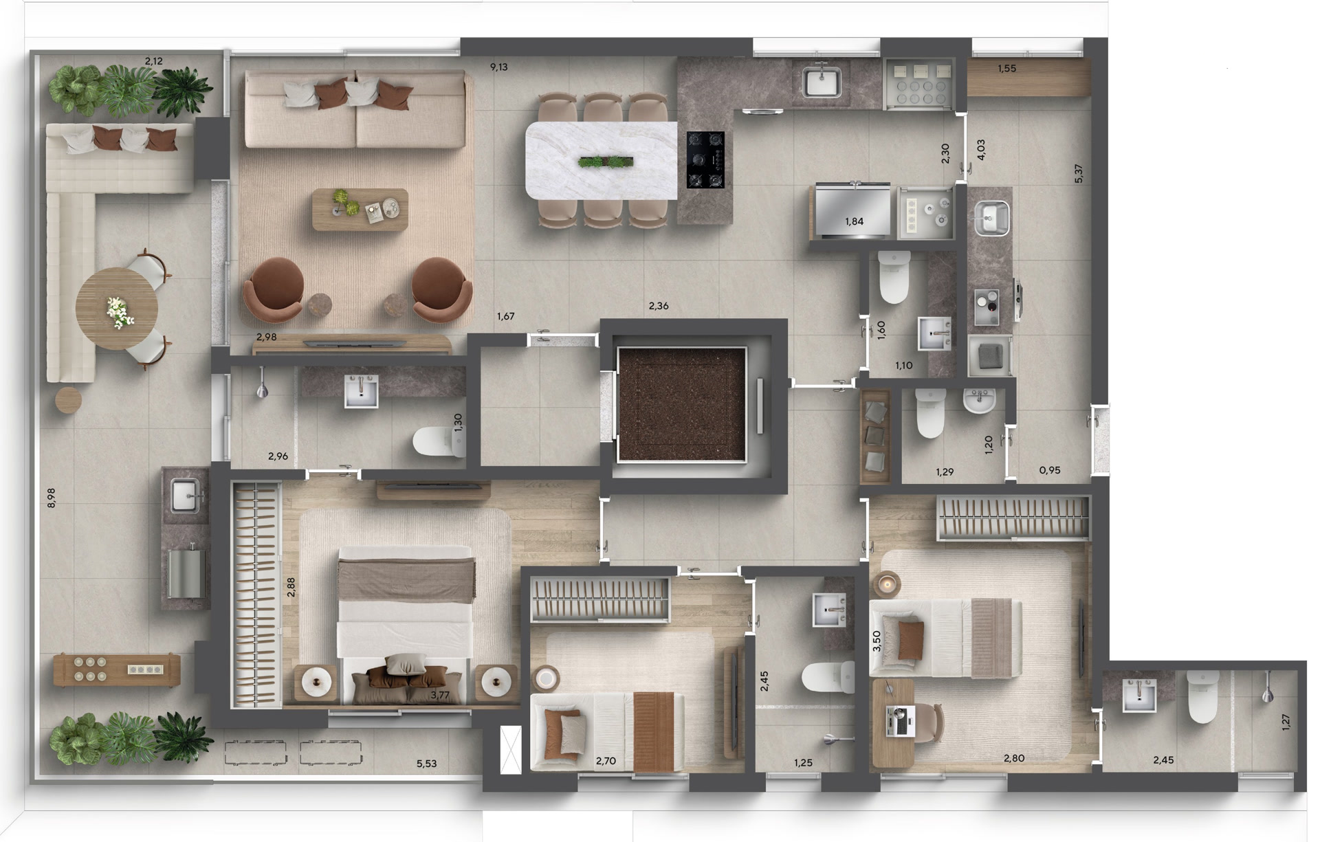 Planta unidade 3 suítes 126 m²