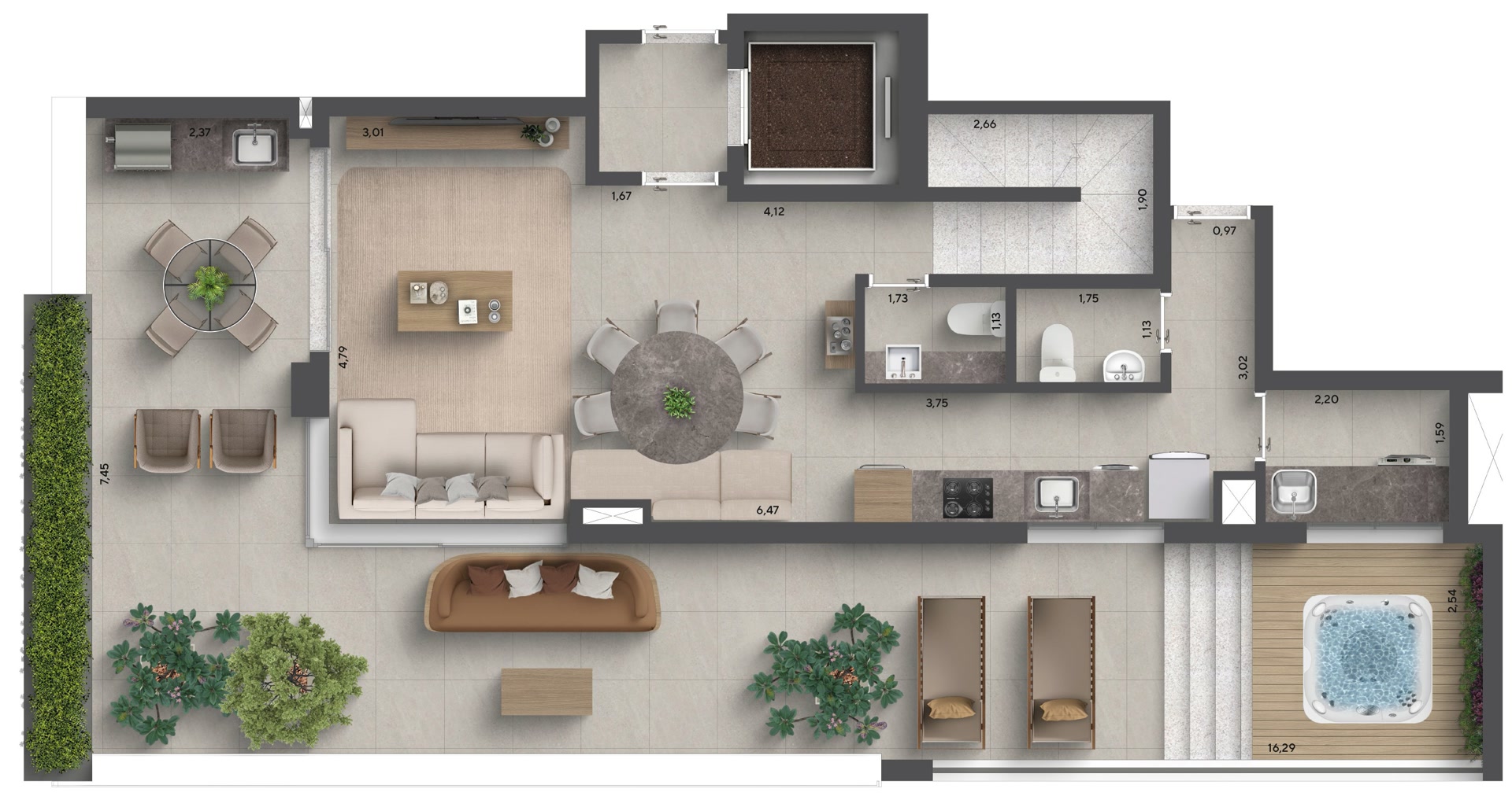 Planta garden duplex — pavimento inferior 179 m²