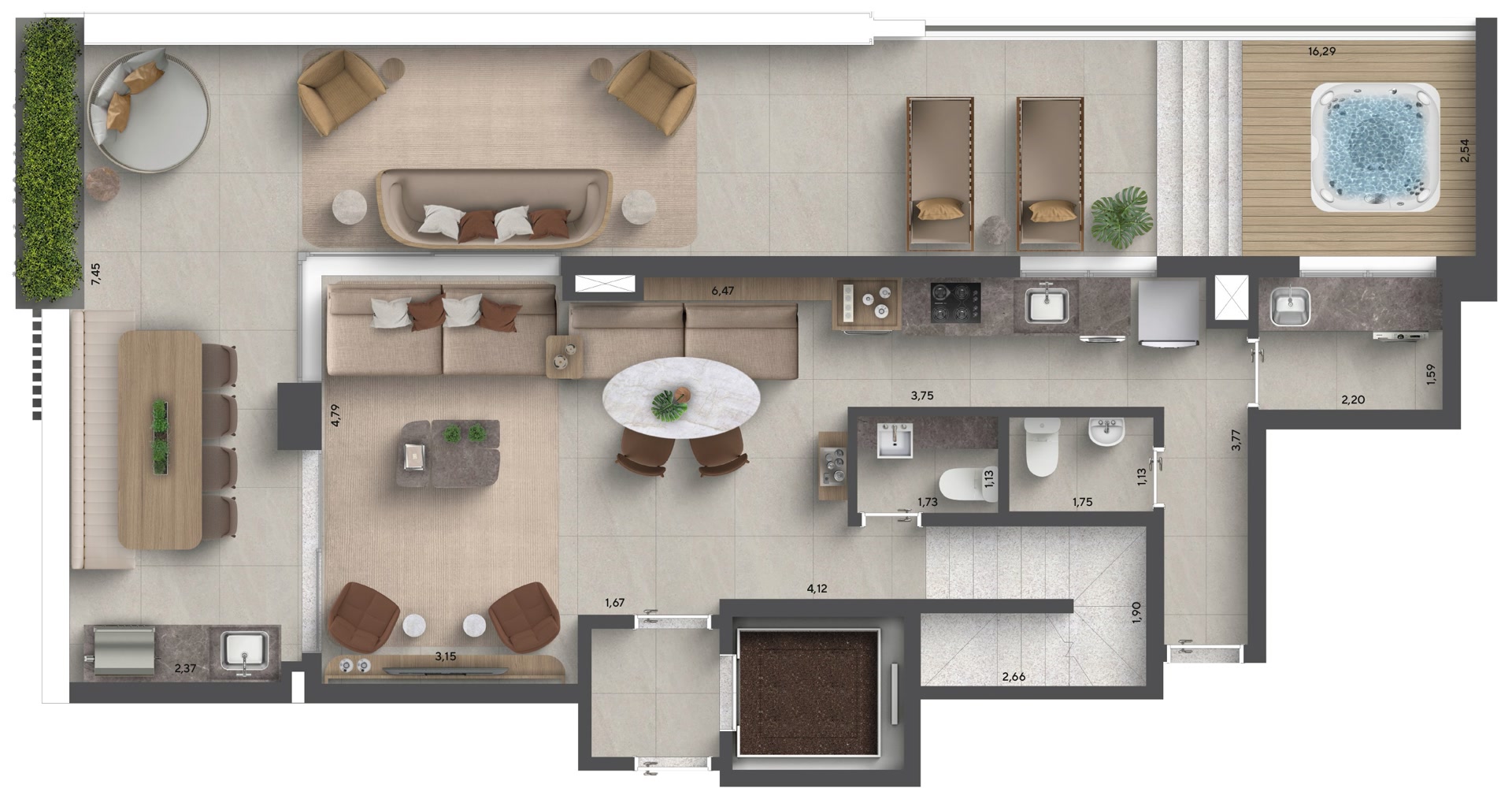 Planta garden duplex — pavimento inferior 180 m²