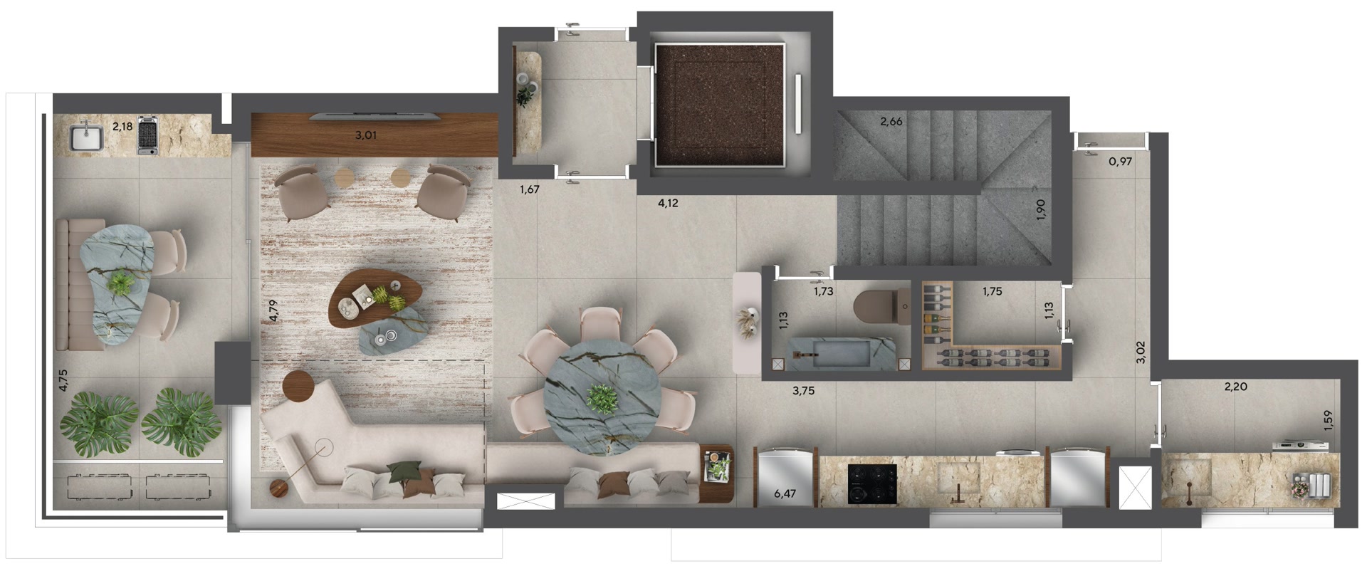 Planta duplex padrão — pavimento inferior 127 m²
