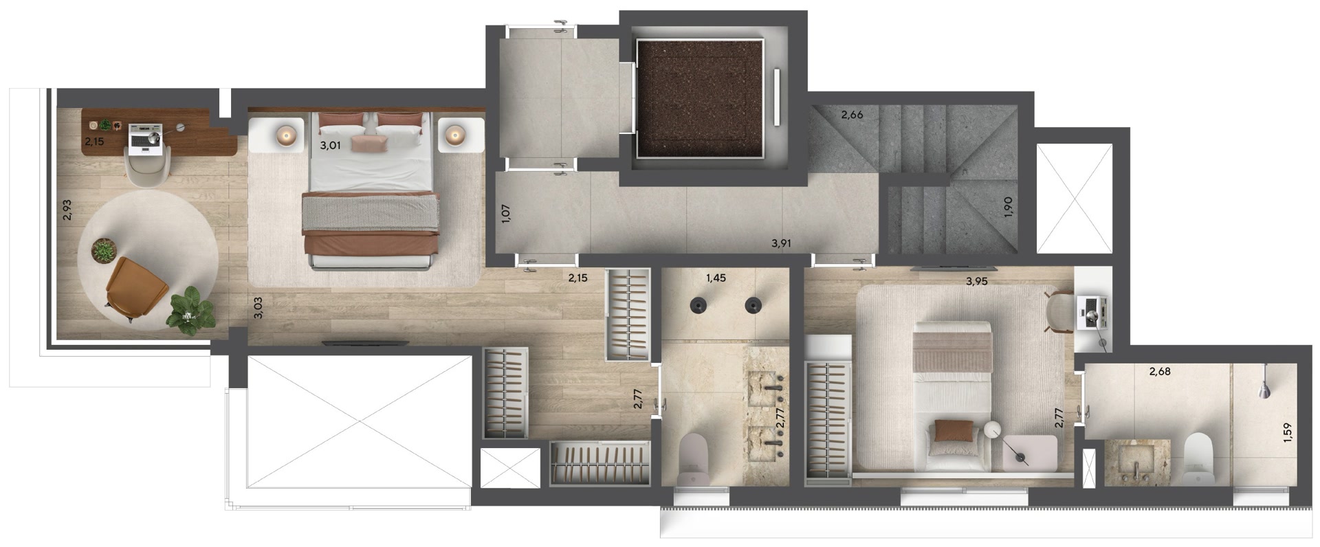 Planta duplex padrão — pavimento superior 127 m²