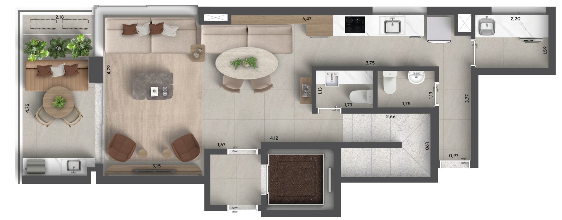 Planta duplex padrão — pavimento inferior 128 m²