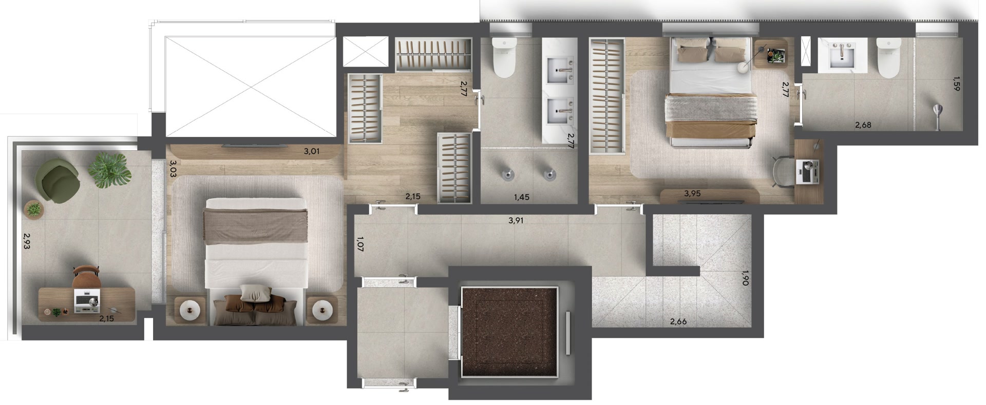 Planta duplex padrão — pavimento superior 128 m²