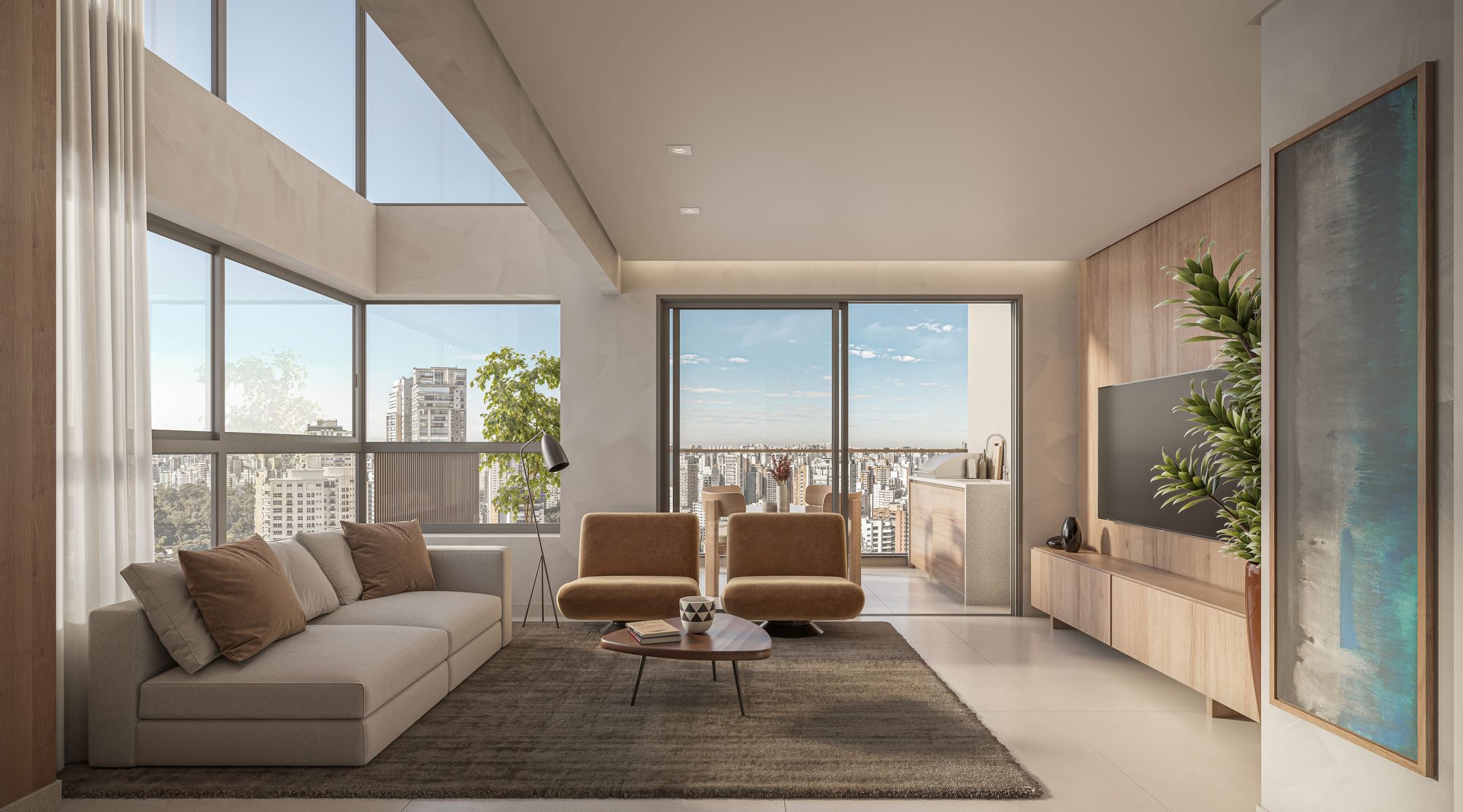 Living com pé-direito duplo de uma unidade duplex