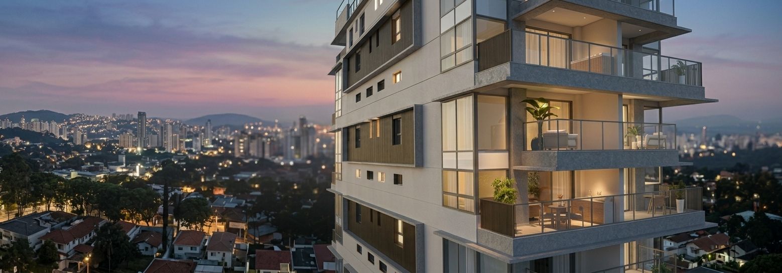 Fachada do Art Space Moema ao entardecer com o skyline de Moema