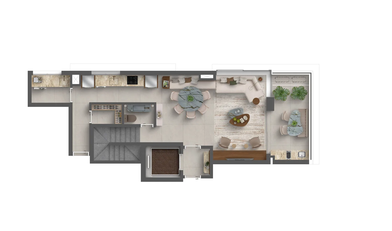 Planta duplex 2 suítes 128 m² piso inferior
