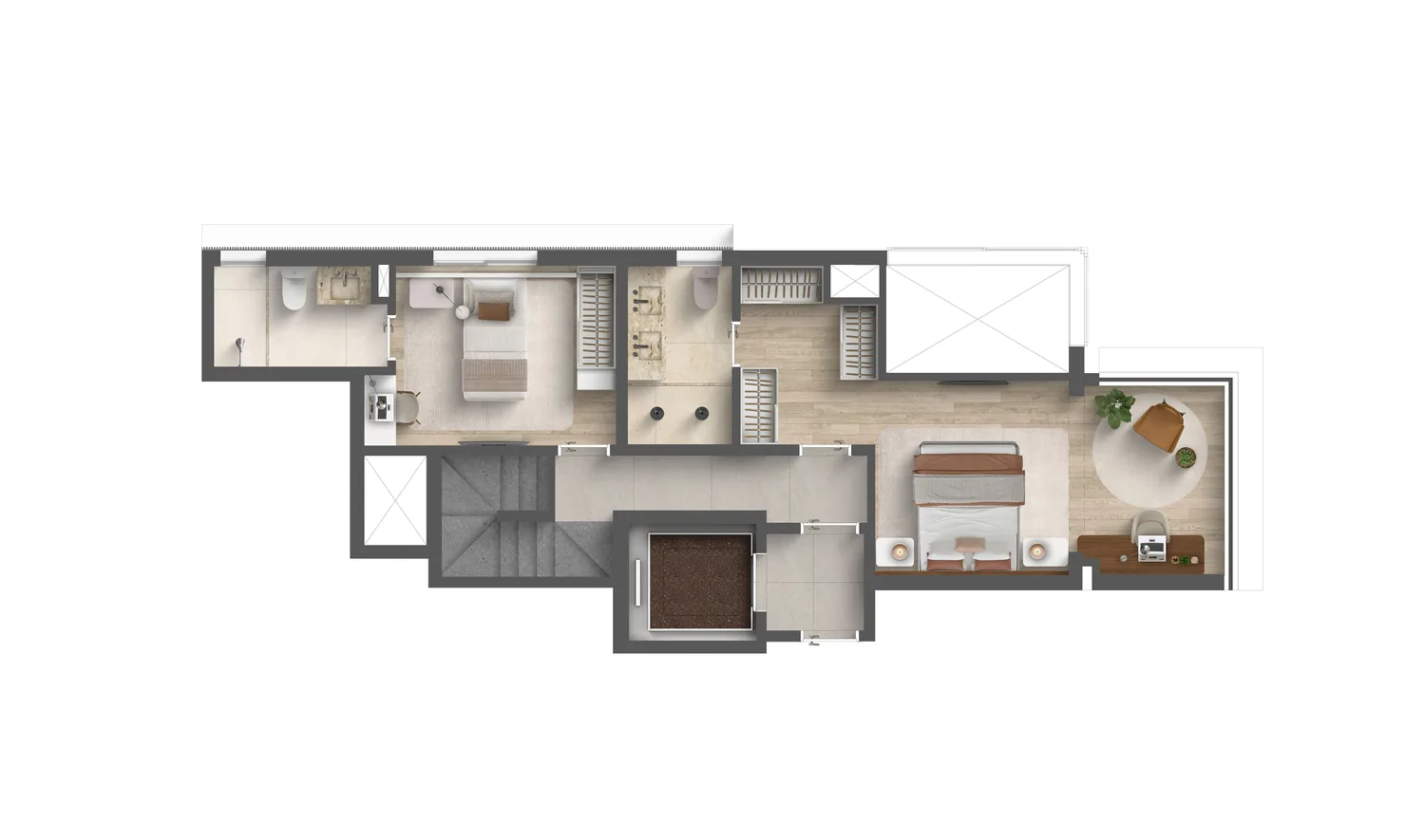Planta duplex 2 suítes 128 m² piso superior