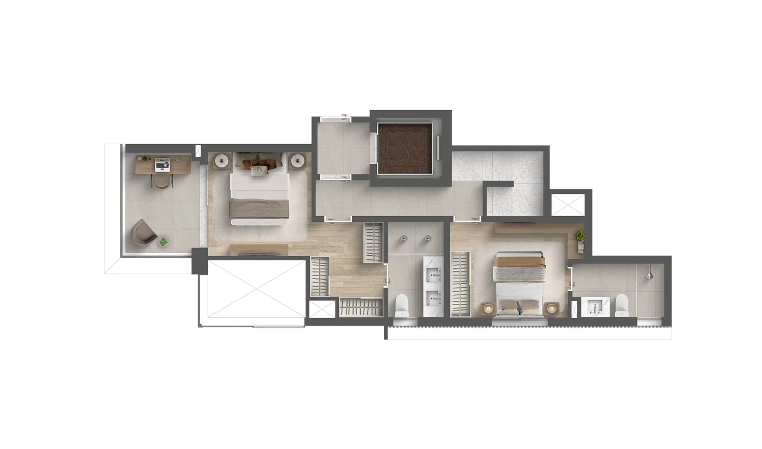 Planta duplex 2 suítes garden 179 m² piso superior