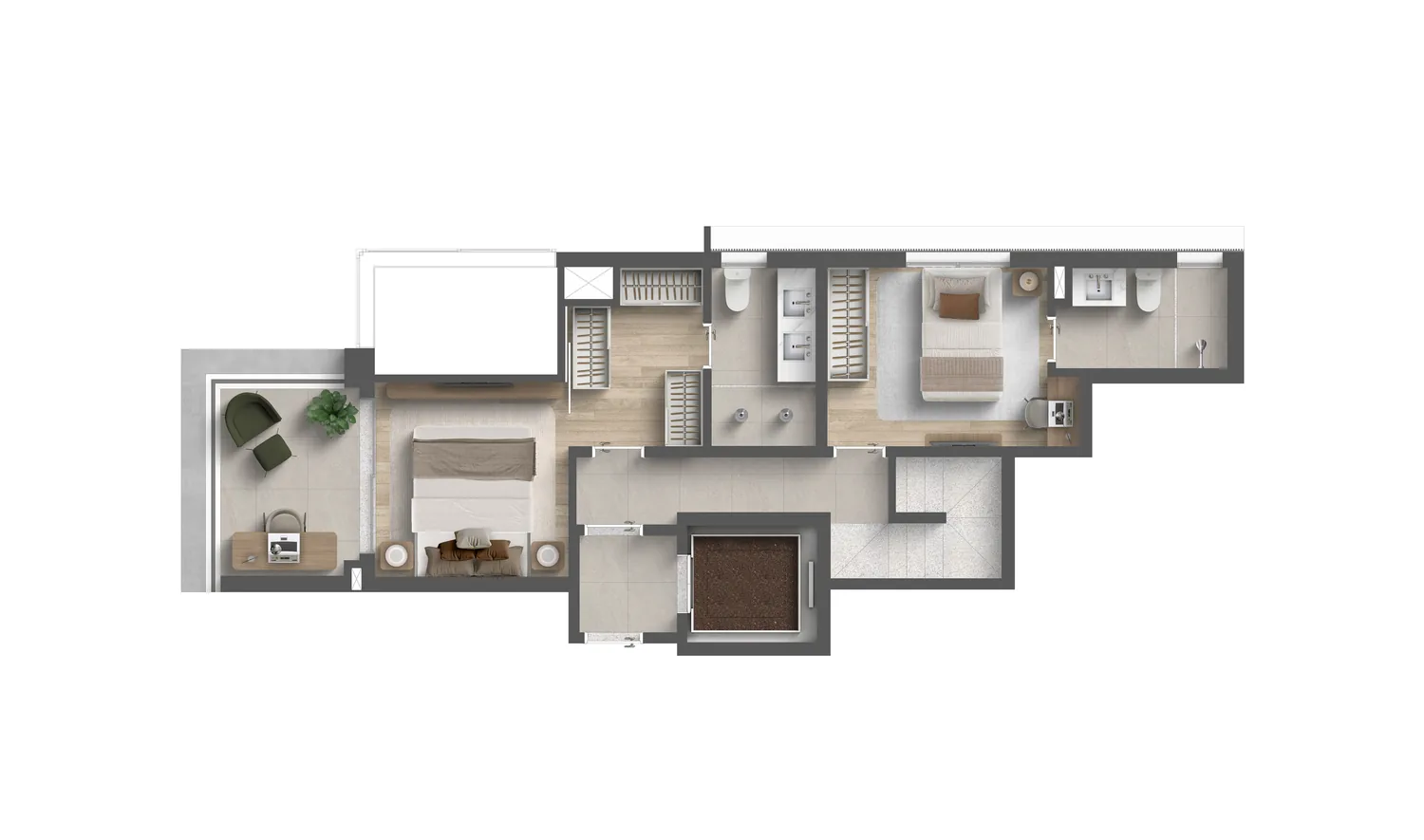 Planta duplex 2 suítes garden 180 m² piso superior